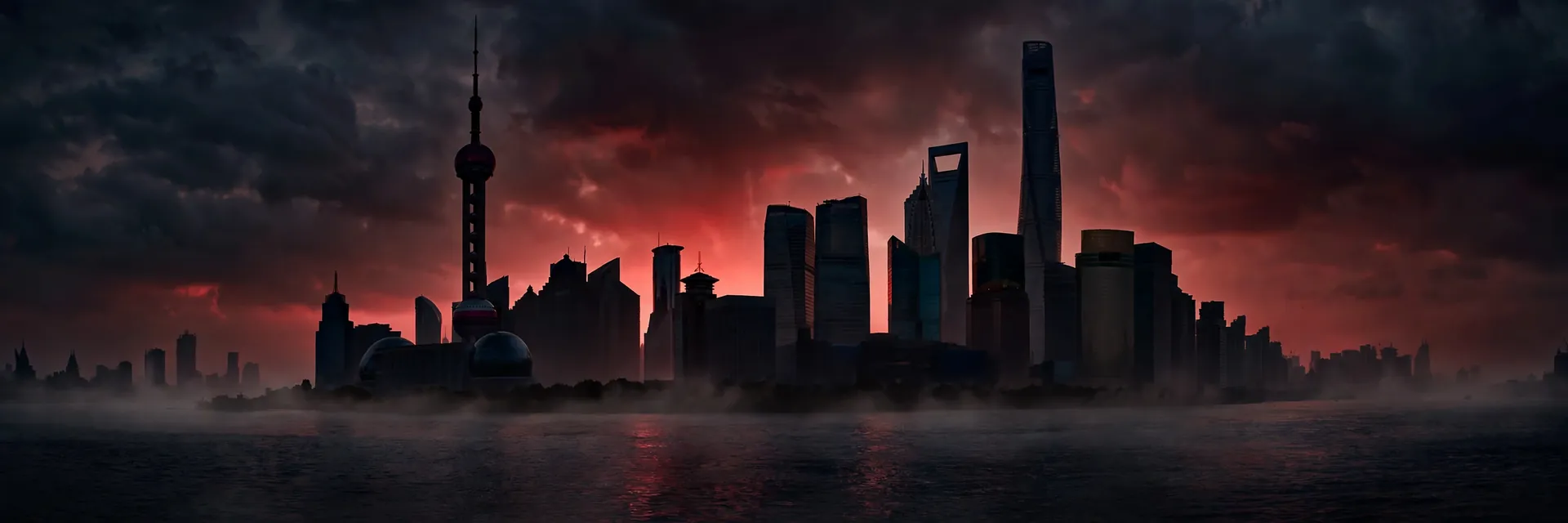 The Shanghai skyline at dusk across the Huangpu River, Lujiazui towers silhouetted against a crimson sky