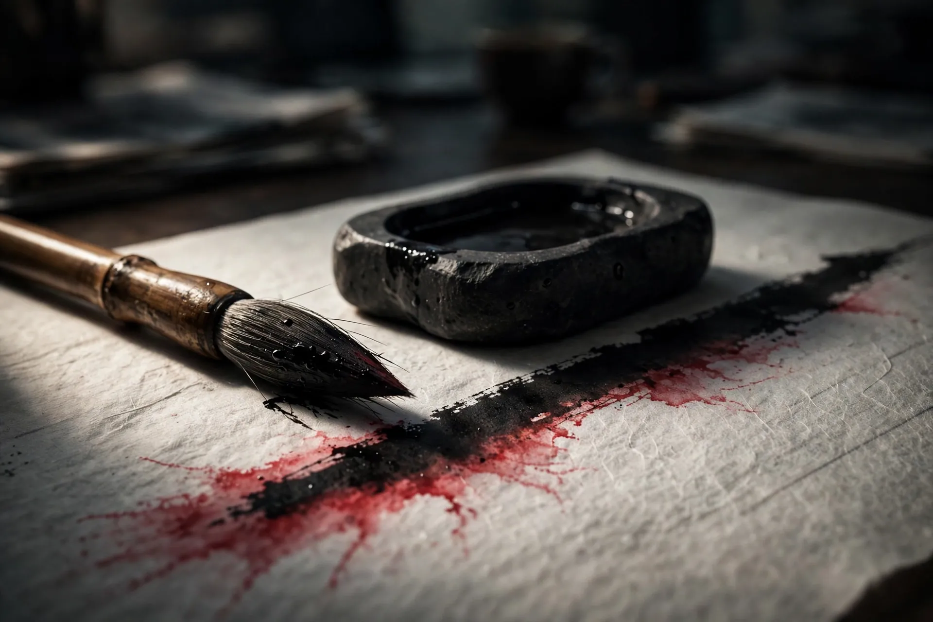 A calligraphy brush and ink stone beside a bold black and crimson ink stroke on textured rice paper